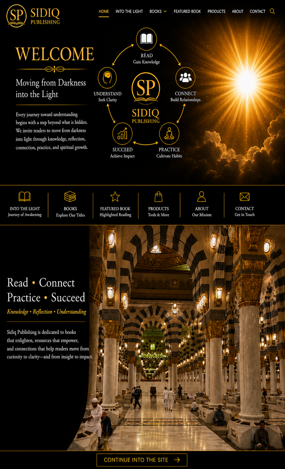 SIDIQ Publishing introduction showing a journey from darkness into light through reading, connection, practice, success, and understanding
