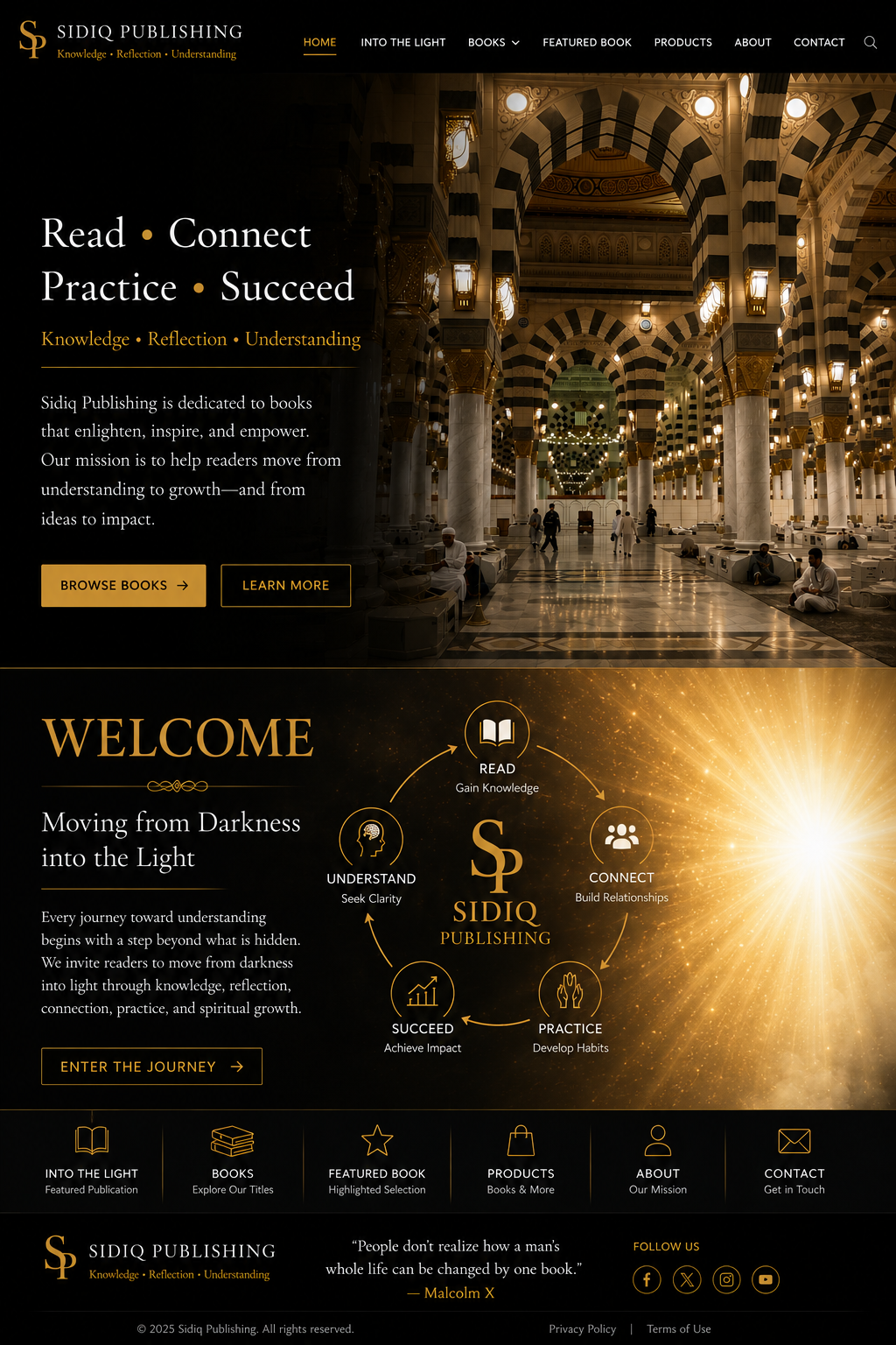 SIDIQ Publishing introduction showing a journey from darkness into light through reading, connection, practice, success, and understanding